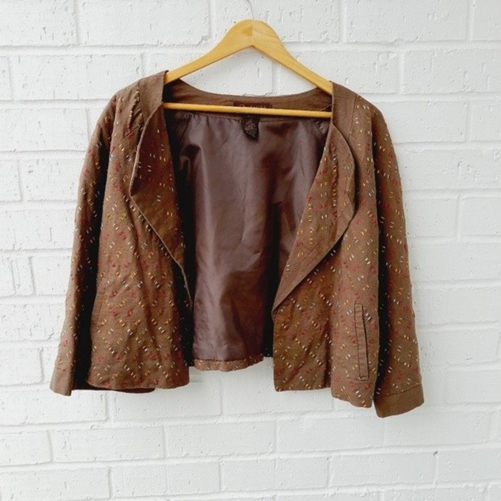CHADWICKS Short Linen Blend Bolero Jacket Boho Retro Career Top Stitching sz:16